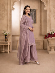 Dusty Mauve Shimmer 3-Piece Kurta Set with Sequin Detailing in Crushed Tissue
