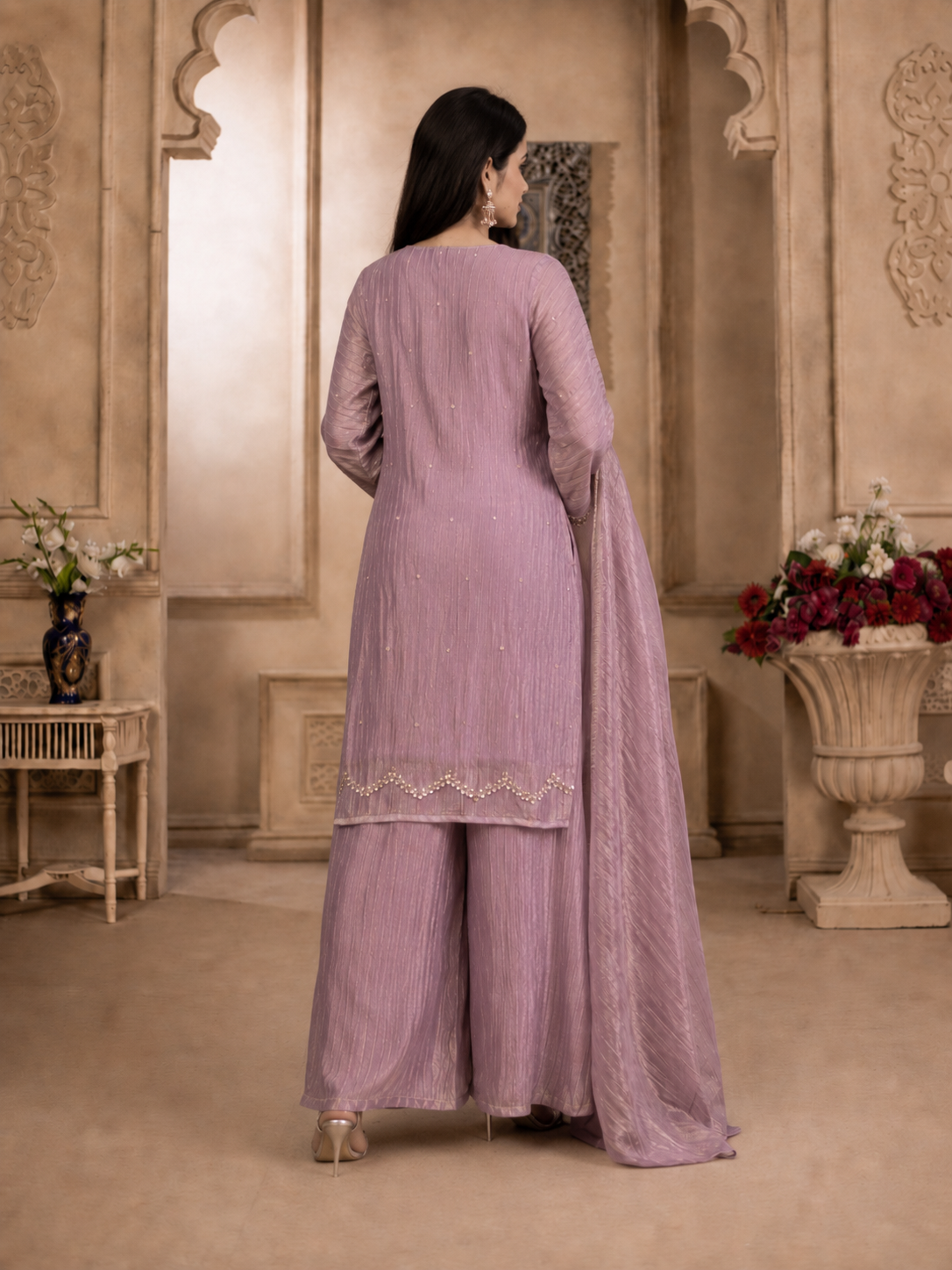 Dusty Mauve Shimmer 3-Piece Kurta Set with Sequin Detailing in Crushed Tissue