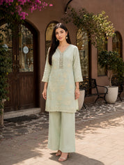 Pistachio Green Kurta Set with Floral Embroidery in Mul Chanderi