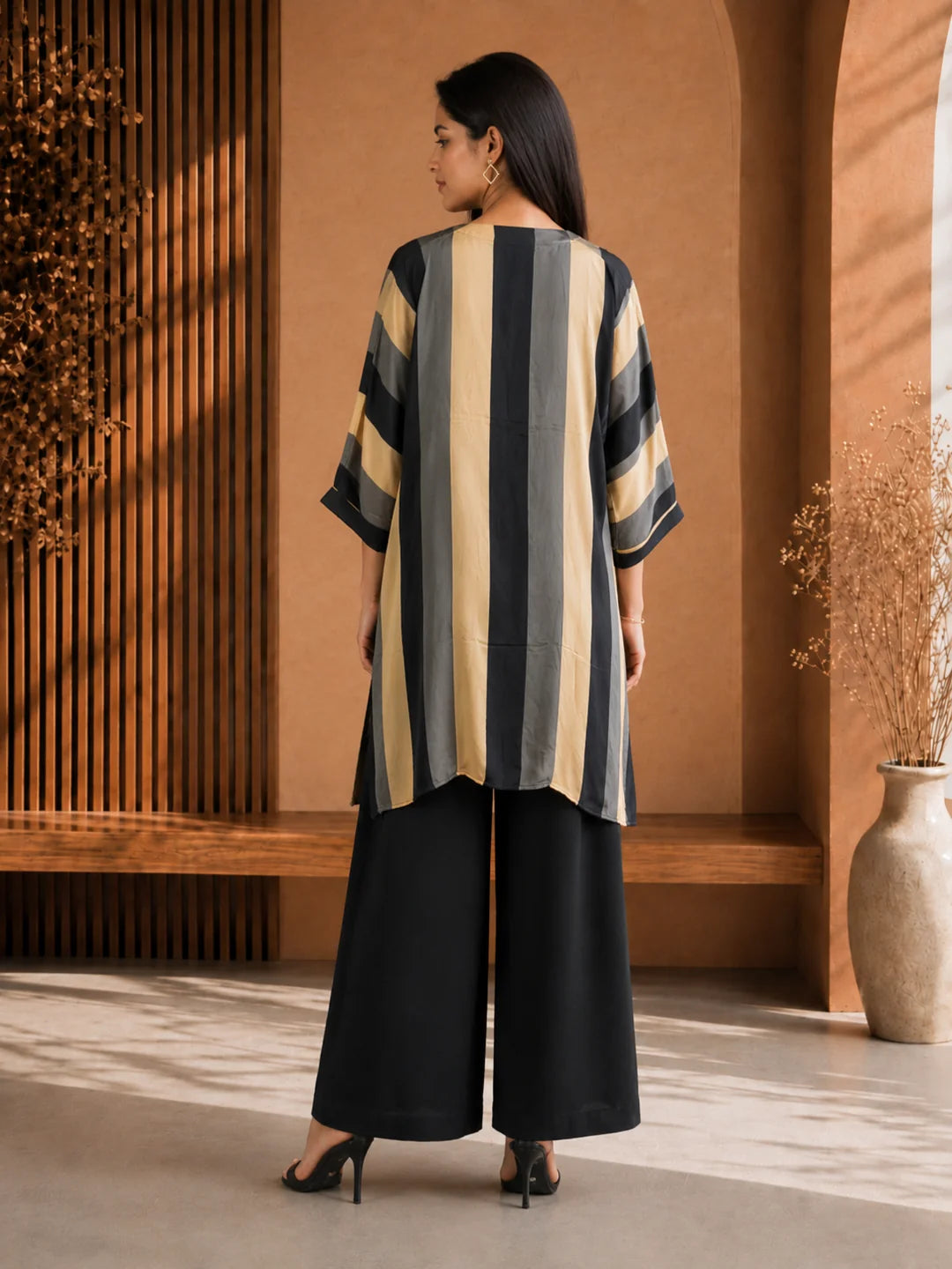 Black & Beige Embroidered Co-ord Set in Crepe