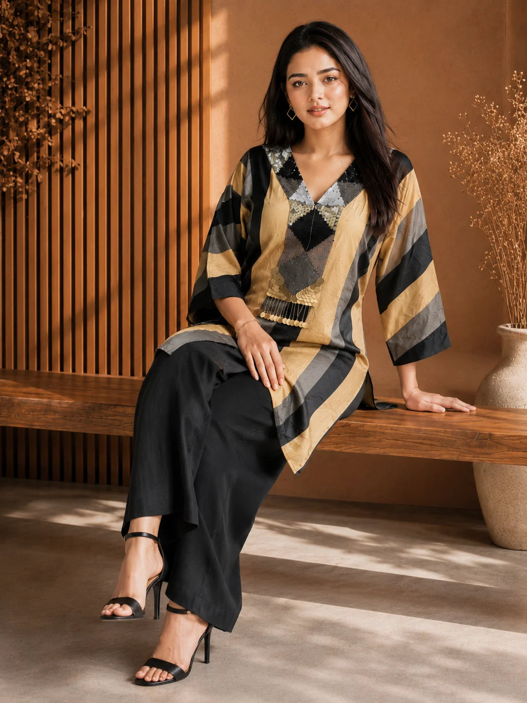 Black & Beige Embroidered Co-ord Set in Crepe