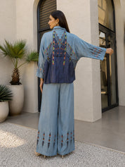 Blue Dual Color Oversized Fit Shirt Printed Co-ord Set in Muslin