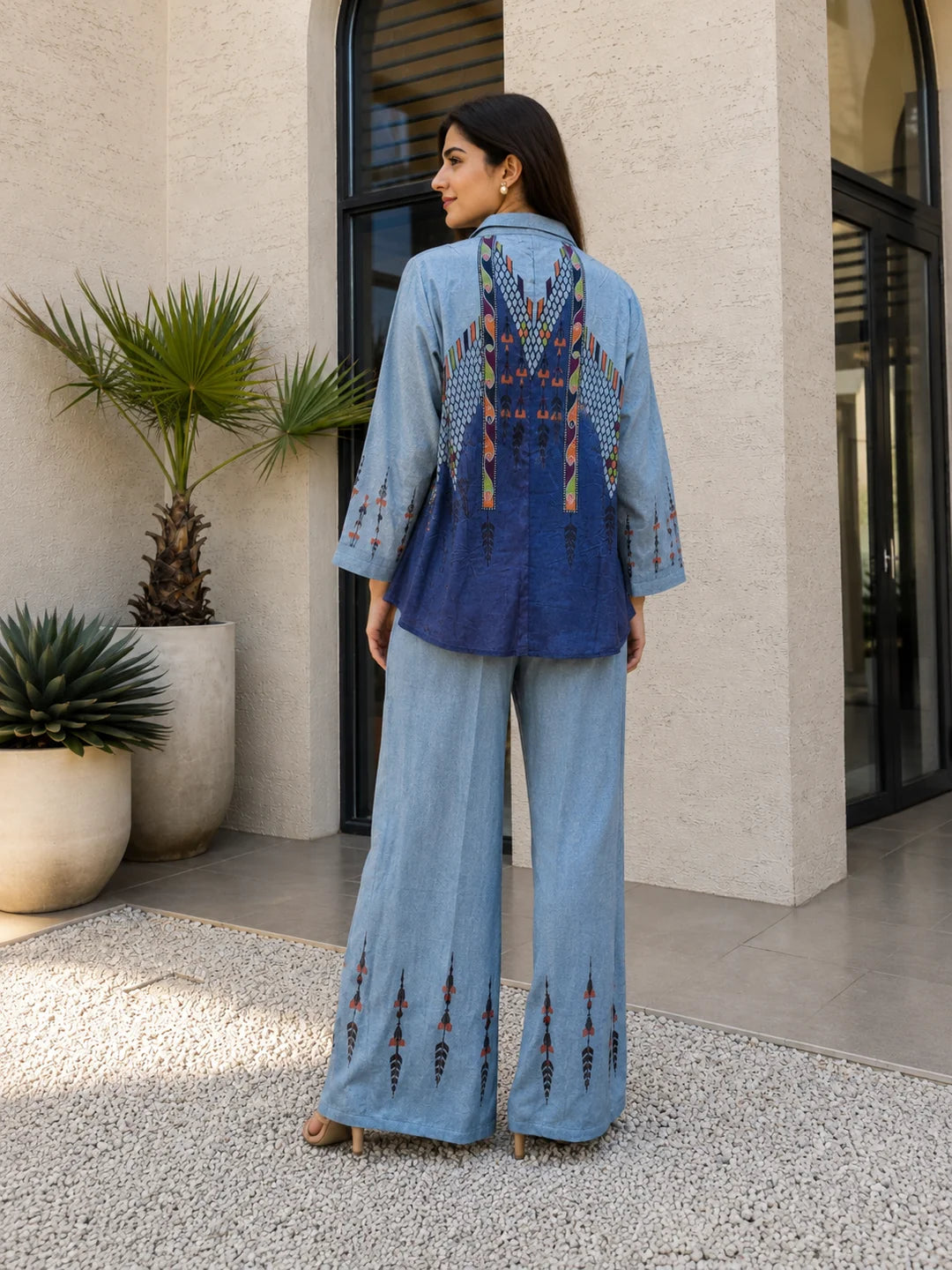 Blue Dual Color Oversized Fit Shirt Printed Co-ord Set in Muslin