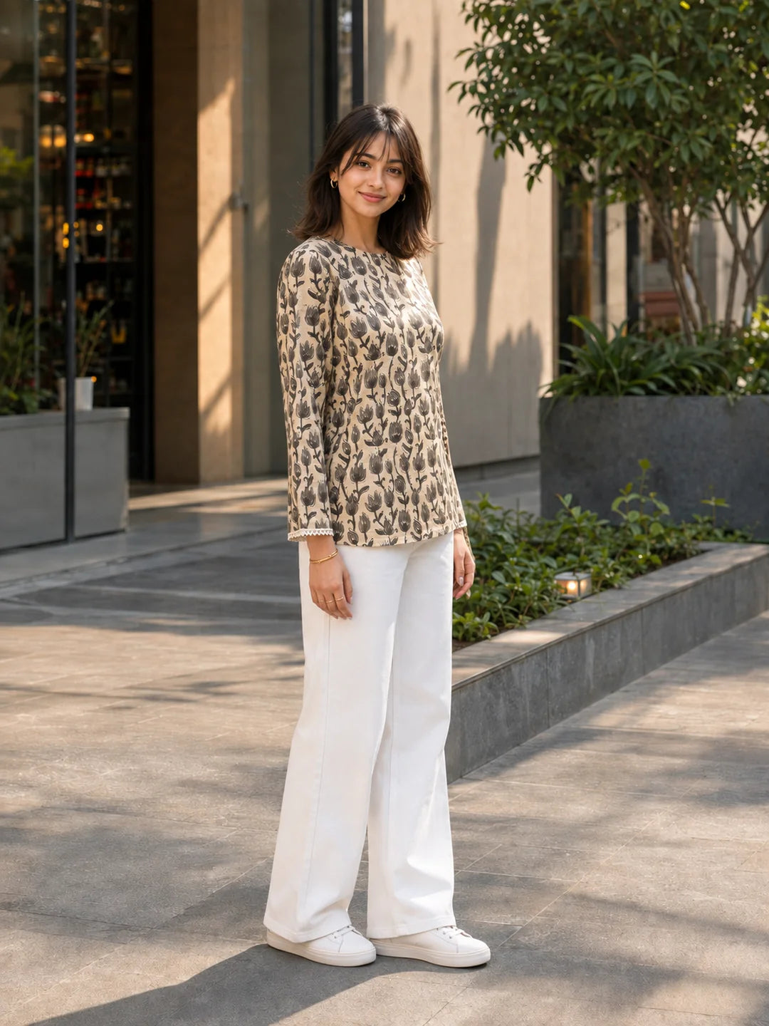 Beige and Brown Tulip Tie-Up Short Kurti in Cotton