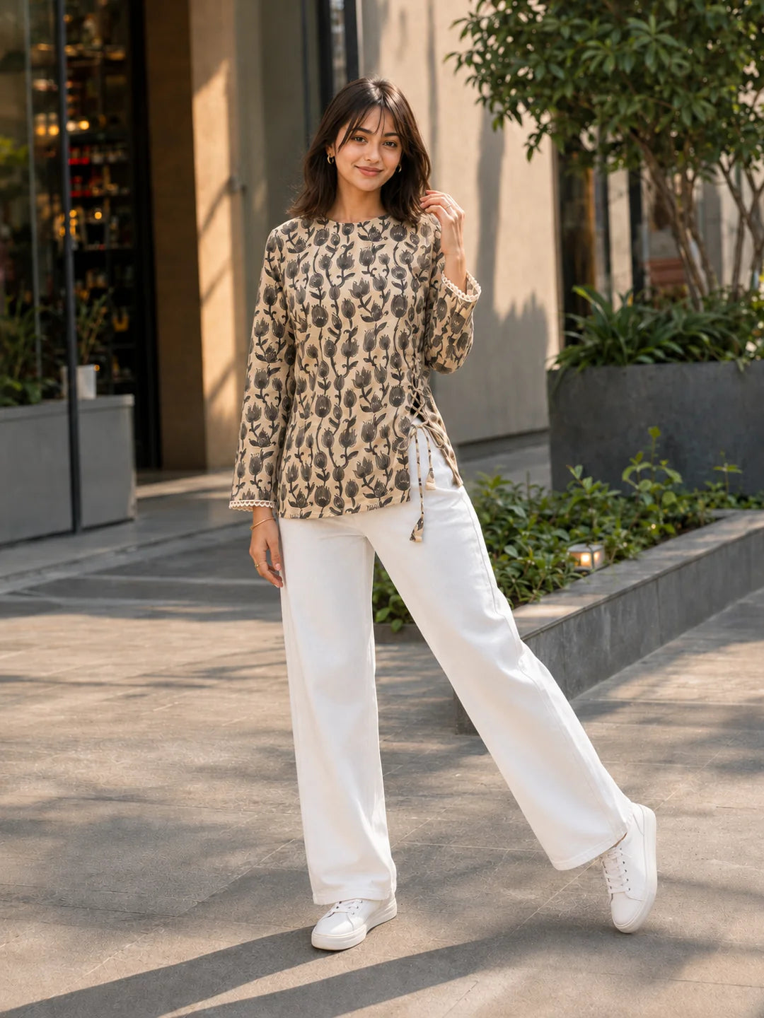 Beige and Brown Tulip Tie-Up Short Kurti in Cotton