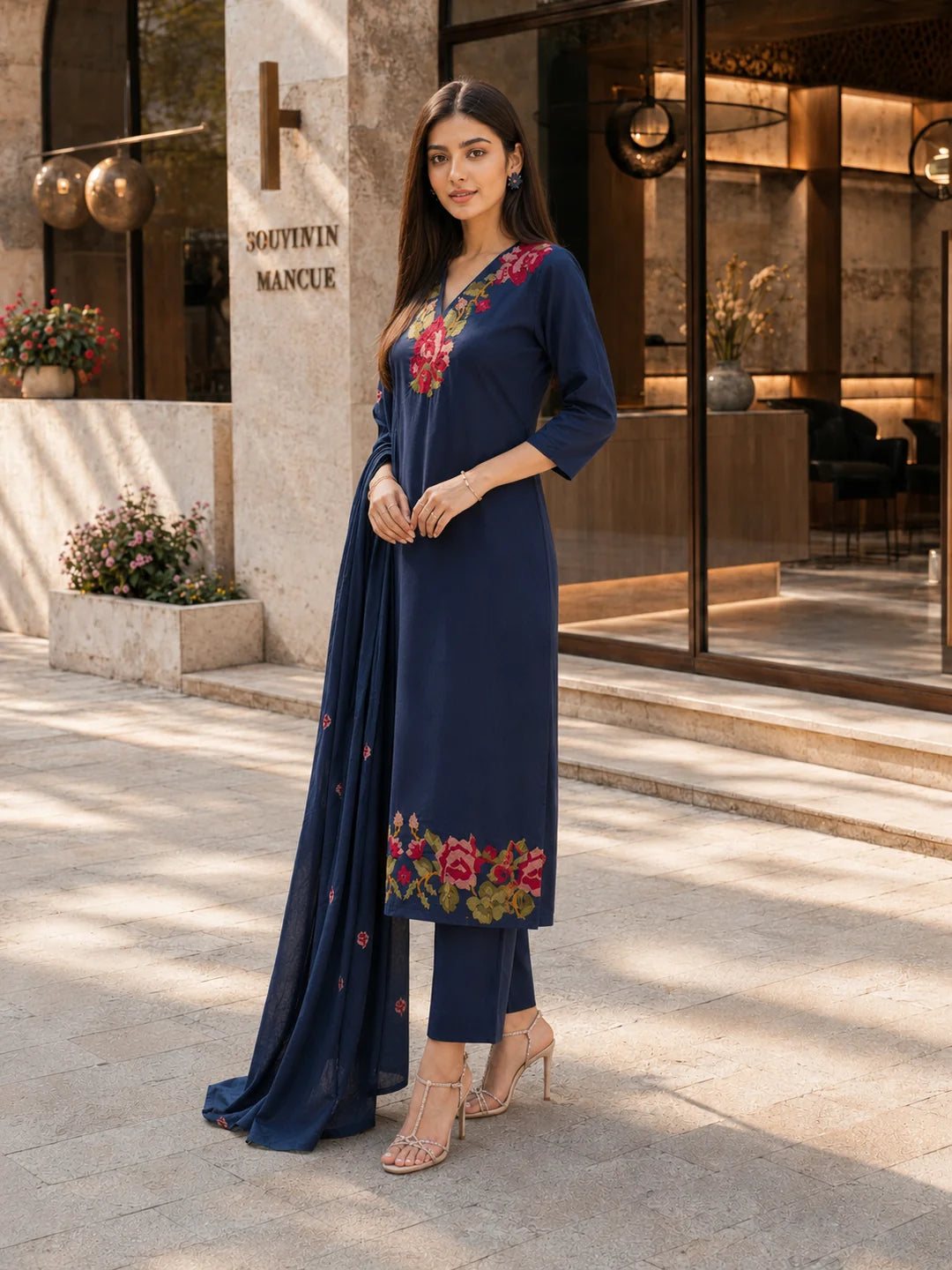 Navy Blue 3-Piece Kurta Set with Floral Cross-Stitch Embroidery in Cotton