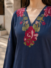Navy Blue 3-Piece Kurta Set with Floral Cross-Stitch Embroidery in Cotton