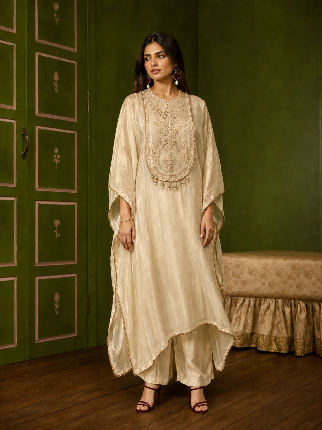 Champagne 3 Piece Kurta Set with Tonal Gold Embroidery in Tissue