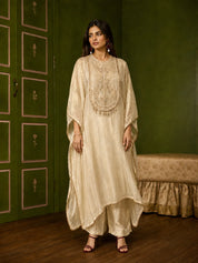 Champagne 3 Piece Kurta Set with Tonal Gold Embroidery in Tissue