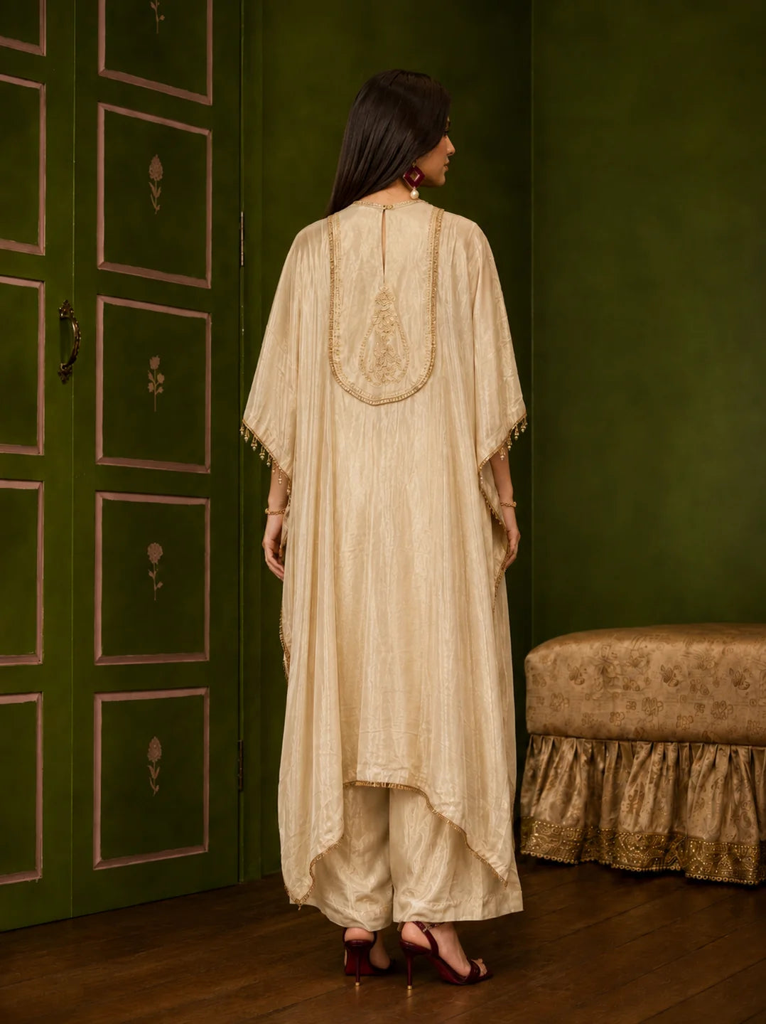 Champagne 3 Piece Kurta Set with Tonal Gold Embroidery in Tissue