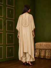 Champagne 3 Piece Kurta Set with Tonal Gold Embroidery in Tissue