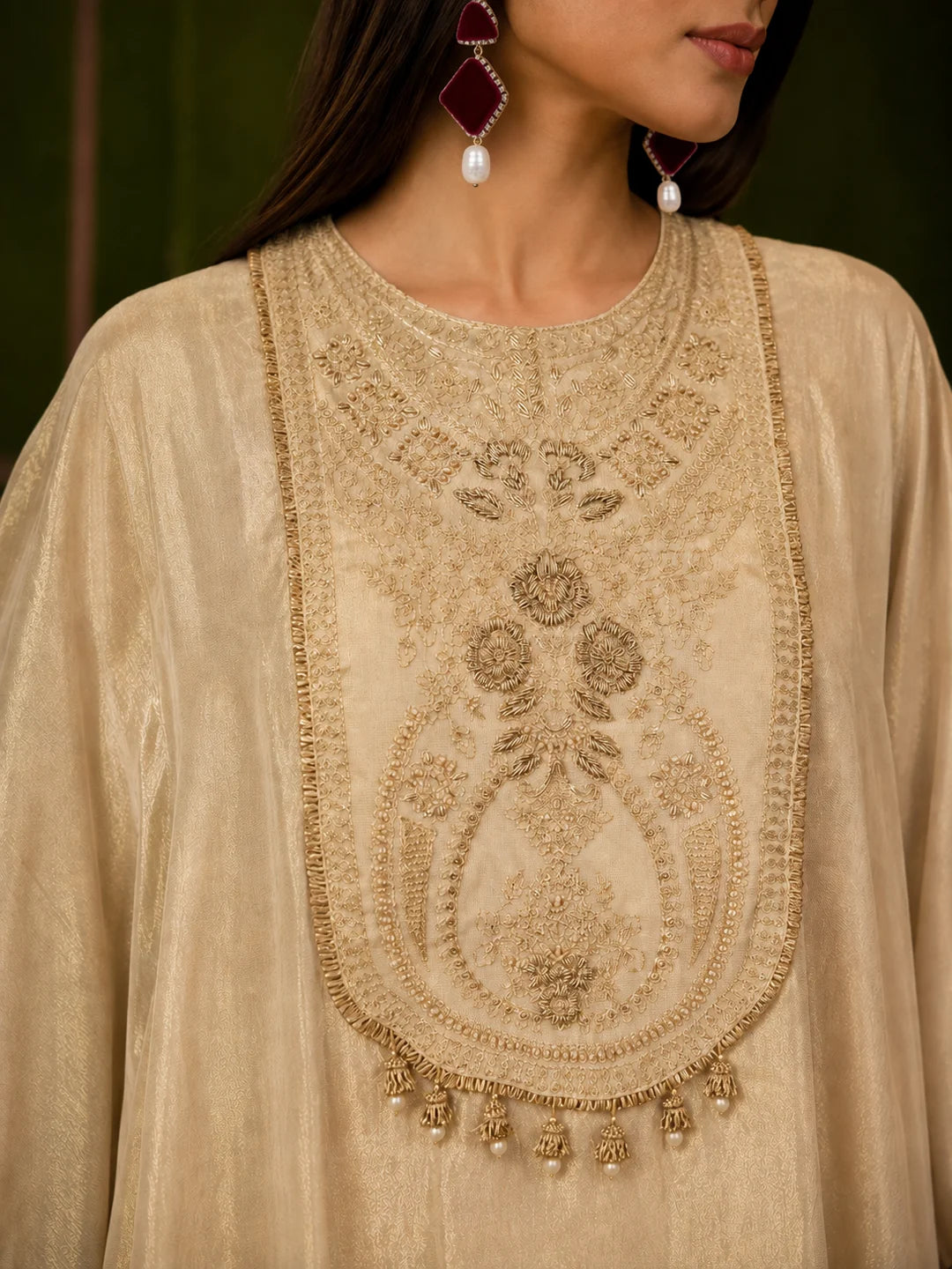 Champagne 3 Piece Kurta Set with Tonal Gold Embroidery in Tissue