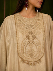 Champagne 3 Piece Kurta Set with Tonal Gold Embroidery in Tissue