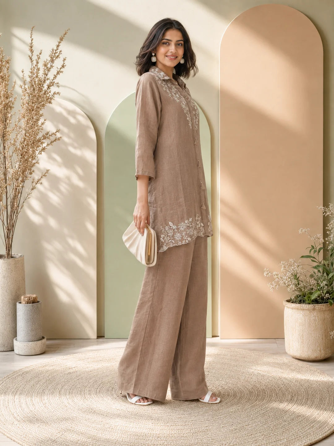 Dusty Rose Co-ord Set with White Thread Embroidery in Mul Chanderi