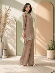 Dusty Rose Co-ord Set with White Thread Embroidery in Mul Chanderi