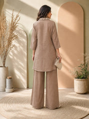 Dusty Rose Co-ord Set with White Thread Embroidery in Mul Chanderi