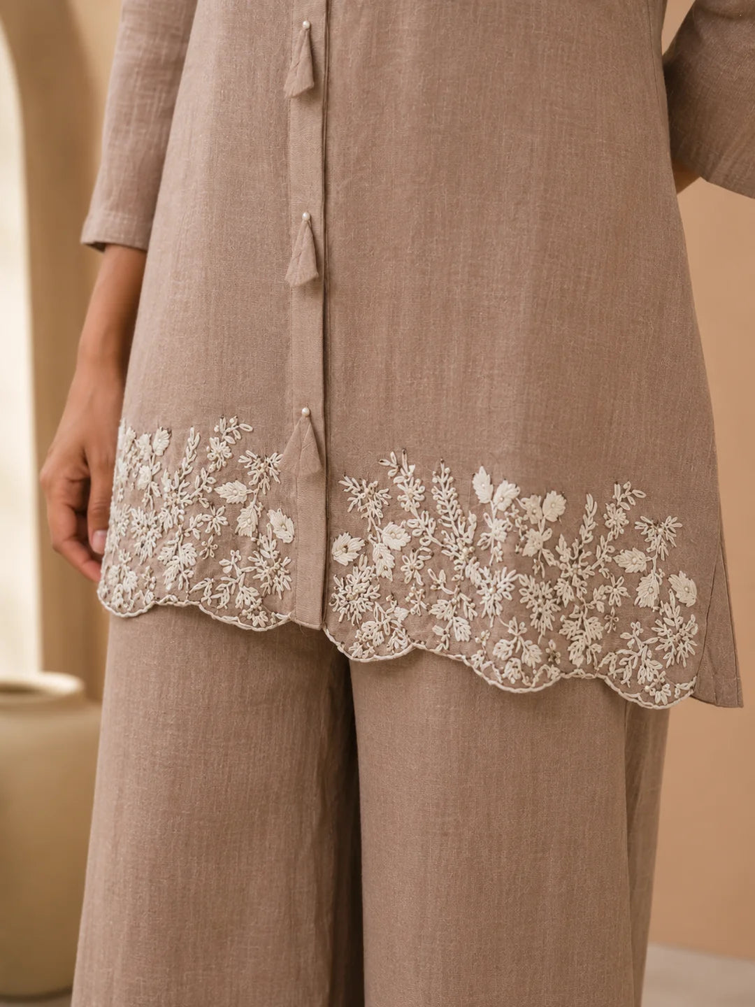 Dusty Rose Co-ord Set with White Thread Embroidery in Mul Chanderi