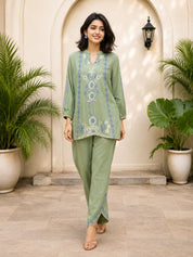 Sage Green Printed Co-ord Set with Beaded Embroidery in Muslin