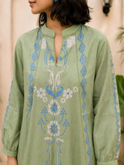 Sage Green Printed Co-ord Set with Beaded Embroidery in Muslin