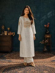 Ivory 3-Piece Kurta Set with Antique Gold Zari Embroidery in Tissue
