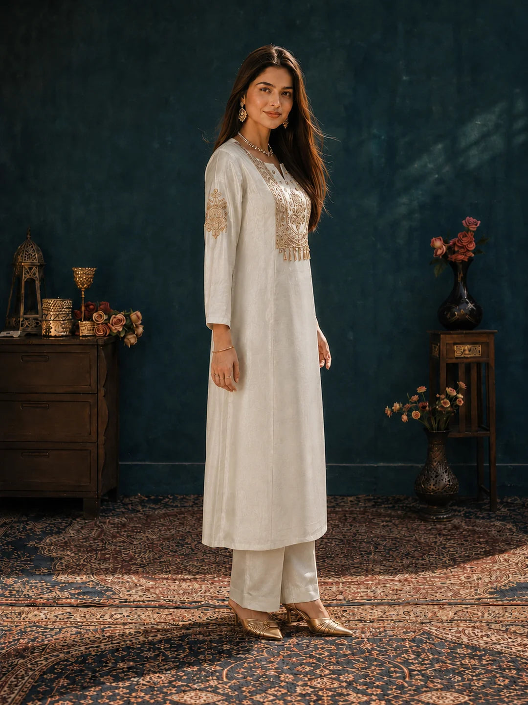 Ivory 3-Piece Kurta Set with Antique Gold Zari Embroidery in Tissue