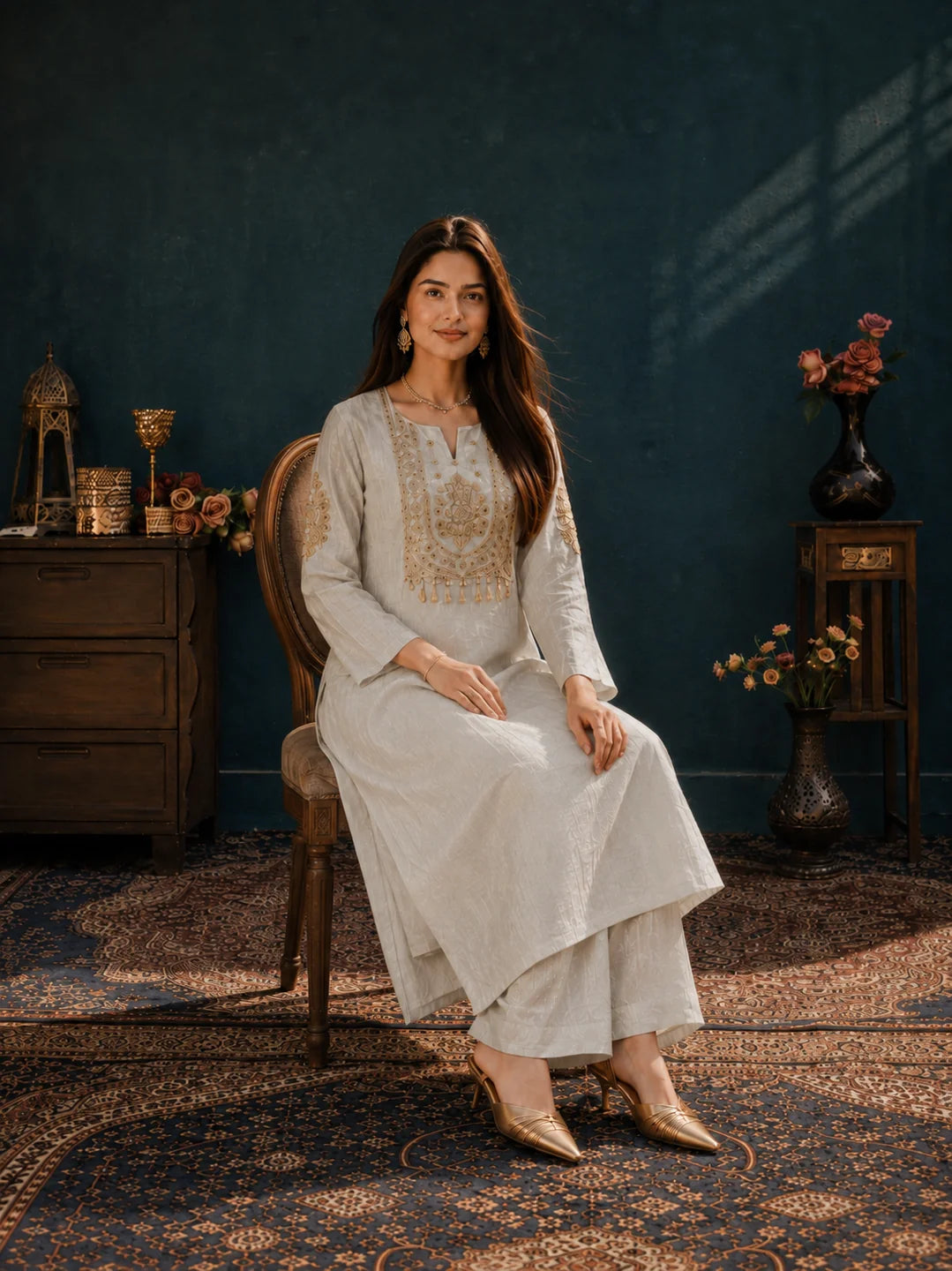 Ivory 3-Piece Kurta Set with Antique Gold Zari Embroidery in Tissue