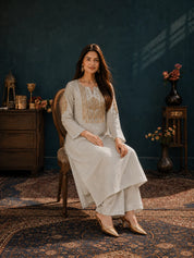 Ivory 3-Piece Kurta Set with Antique Gold Zari Embroidery in Tissue