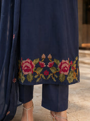 Navy Blue 3-Piece Kurta Set with Floral Cross-Stitch Embroidery in Cotton