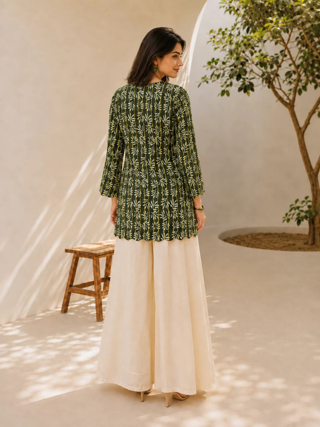 Dark Olive Green Printed Short Kurti in Cotton