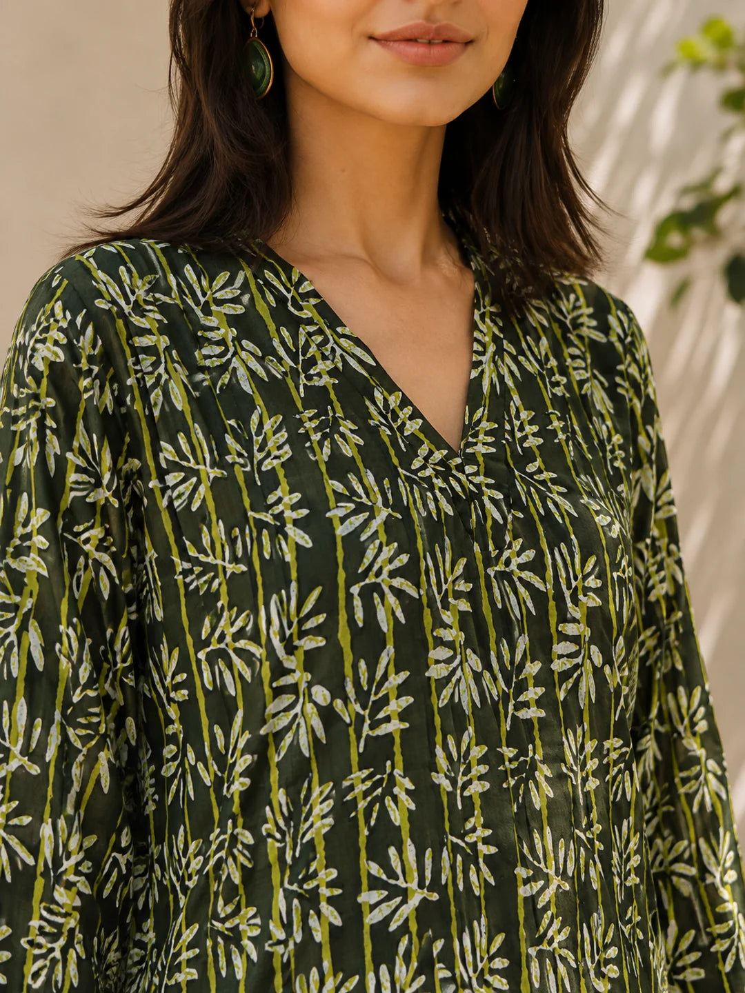 Dark Olive Green Printed Short Kurti in Cotton