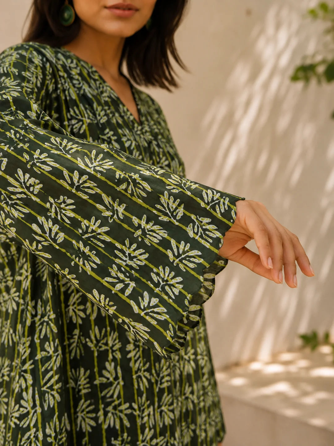 Dark Olive Green Printed Short Kurti in Cotton