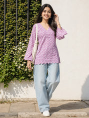 Lilac Short Kurti with Dotted Floral Print in Cotton