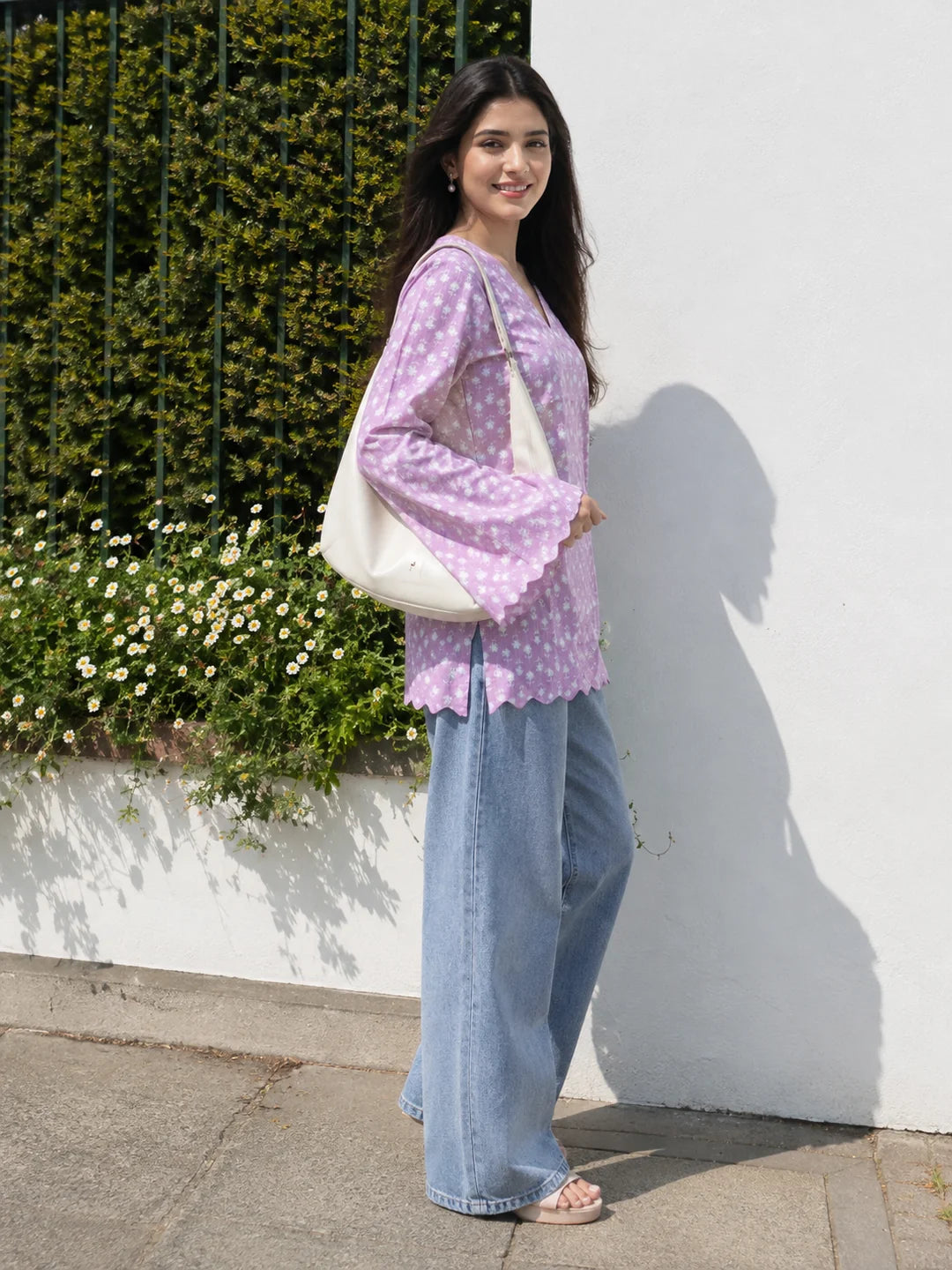 Lilac Short Kurti with Dotted Floral Print in Cotton