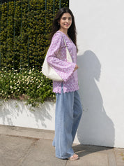 Lilac Short Kurti with Dotted Floral Print in Cotton