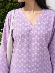 Lilac Short Kurti with Dotted Floral Print in Cotton