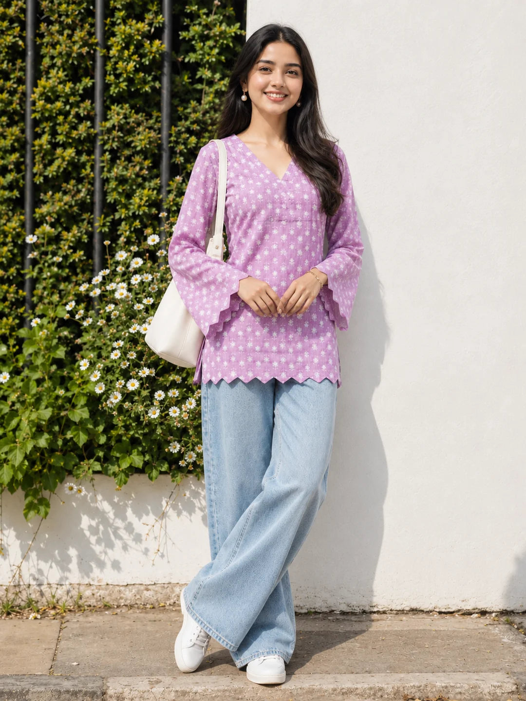 Lilac Short Kurti with Dotted Floral Print in Cotton