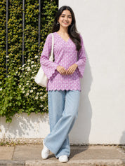 Lilac Short Kurti with Dotted Floral Print in Cotton