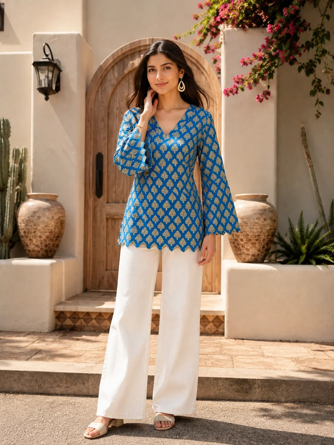 Blue Short Kurti with All-Over Leaf Print in Cotton