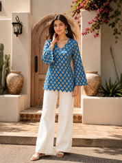 Blue Short Kurti with All-Over Leaf Print in Cotton