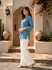 Blue Short Kurti with All-Over Leaf Print in Cotton