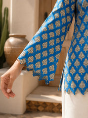Blue Short Kurti with All-Over Leaf Print in Cotton
