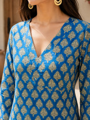 Blue Short Kurti with All-Over Leaf Print in Cotton