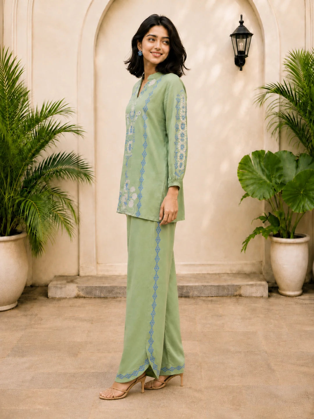 Sage Green Printed Co-ord Set with Beaded Embroidery in Muslin