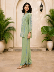Sage Green Printed Co-ord Set with Beaded Embroidery in Muslin