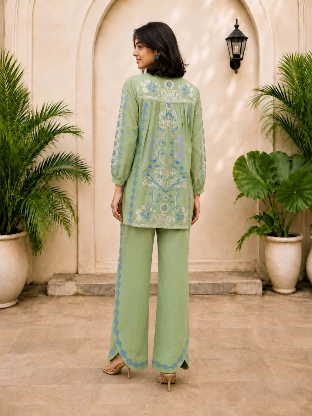 Sage Green Printed Co-ord Set with Beaded Embroidery in Muslin