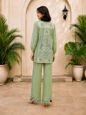 Sage Green Printed Co-ord Set with Beaded Embroidery in Muslin
