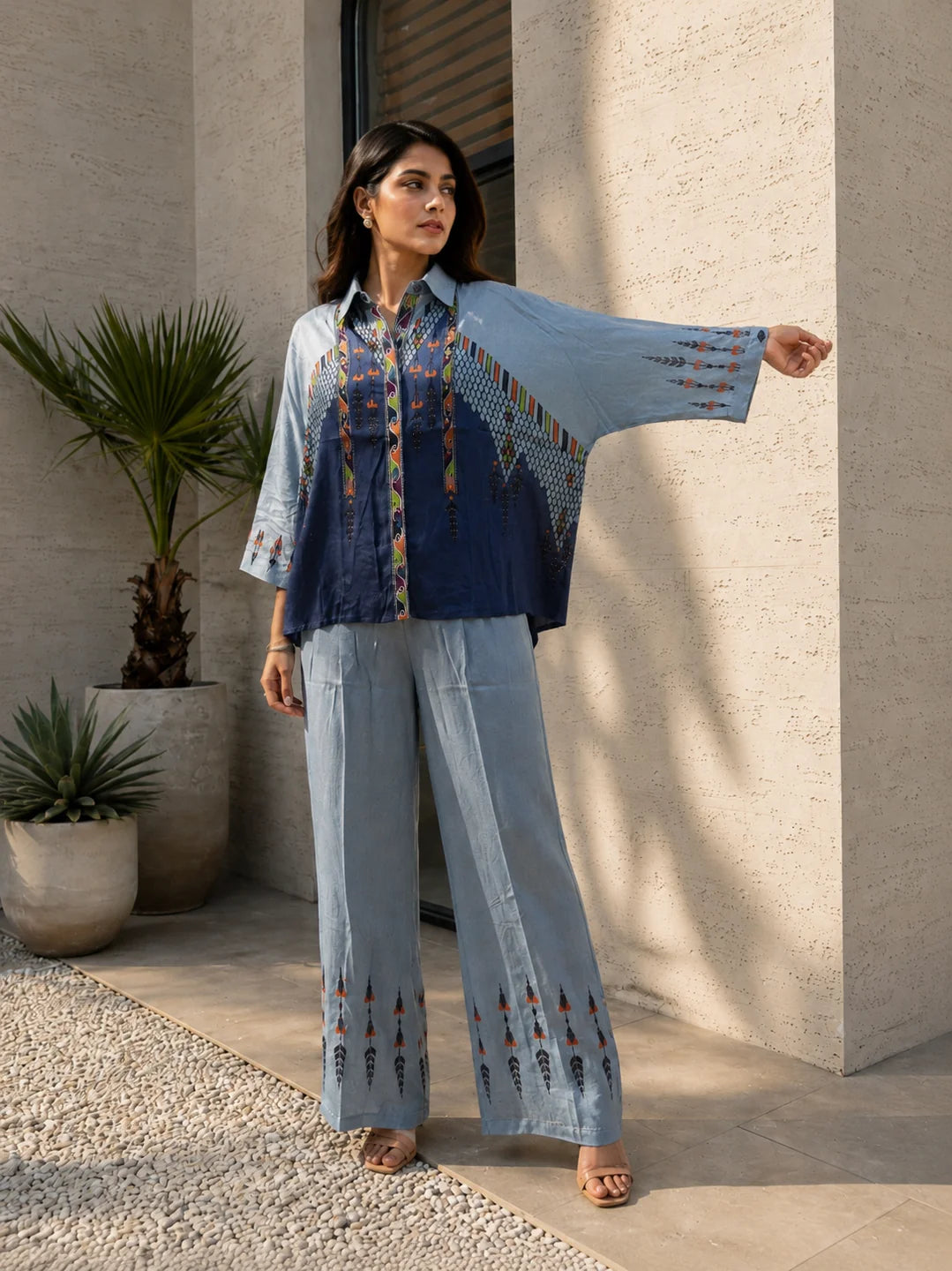 Blue Dual Color Oversized Fit Shirt Printed Co-ord Set in Muslin