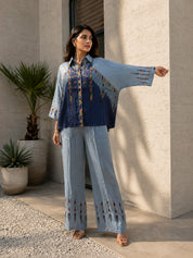 Blue Dual Color Oversized Fit Shirt Printed Co-ord Set in Muslin