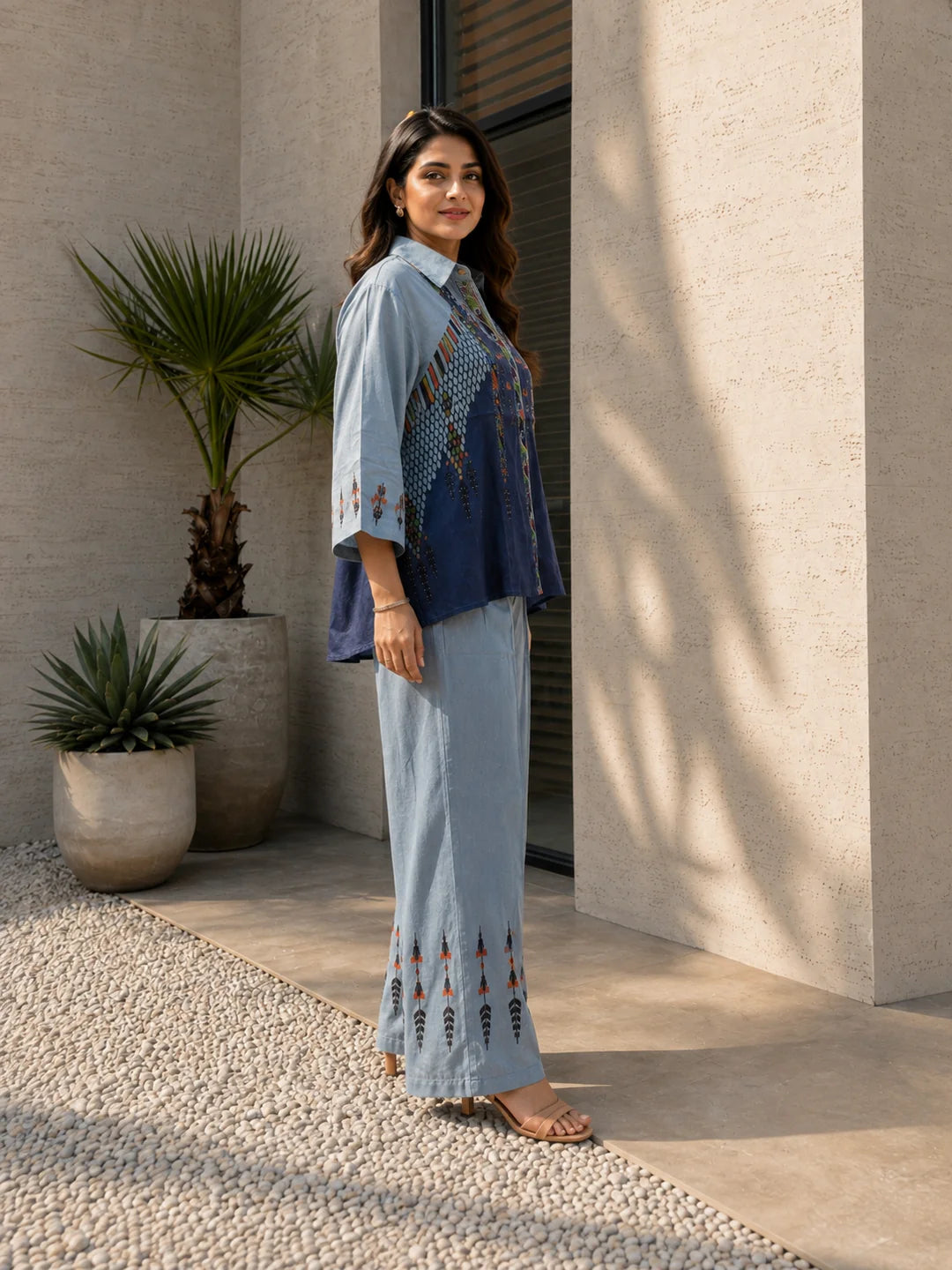 Blue Dual Color Oversized Fit Shirt Printed Co-ord Set in Muslin