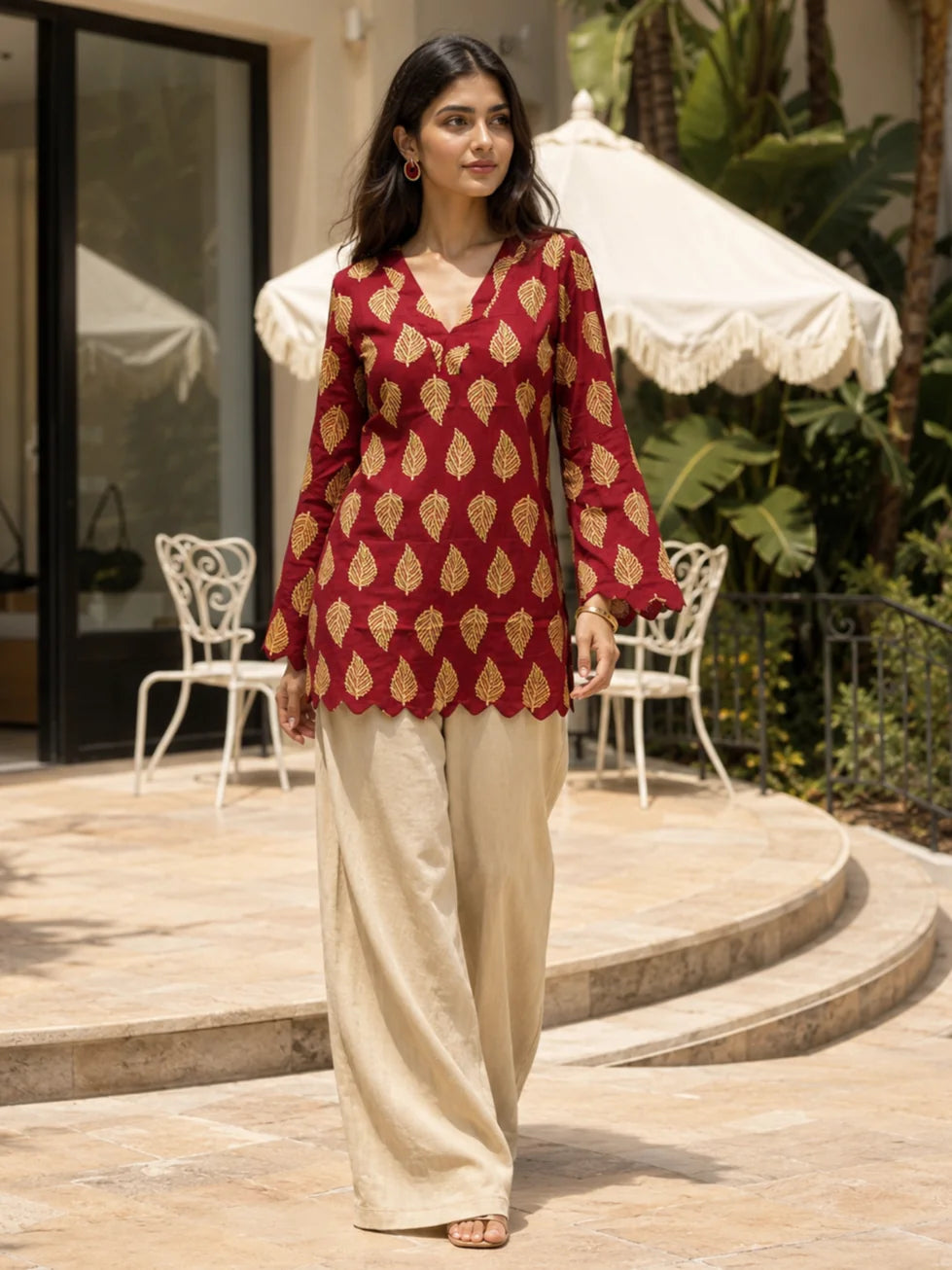 Maroon Short Kurti with Leaf Print in Cotton